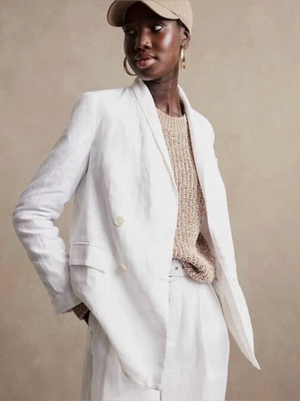 Banana Republic 100% Linen Double Breasted White Blazer Size 6 Minimalist Office